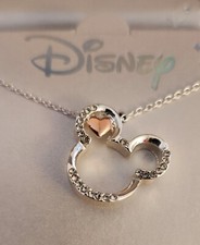 Mickey Mouse Necklace Two Tone Crystals Ears Heart Sweet Delicate Disney Gift