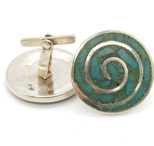 VINTAGE STERLING SILVER .925 ROUND SWIRL NATIVE INLAY TURQUOISE CUFF-LINKS