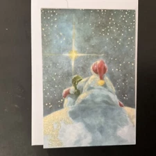 Vtg Christmas Card Beautiful Sparkly Star Of Bethlehem Snowman/Woman Sit On Hill
