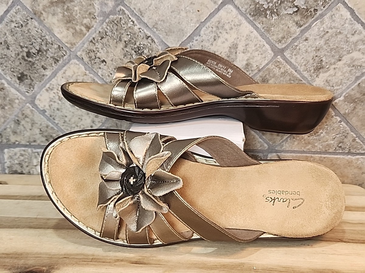 Clarks Bendables Lena Pewter Leather Slide Sandals with Flower Gold 8M 60308