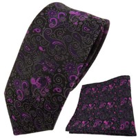 Schmale Tigertie Krawatte + Einstecktuch Lila Magenta Schwarz Gemustert Paisley