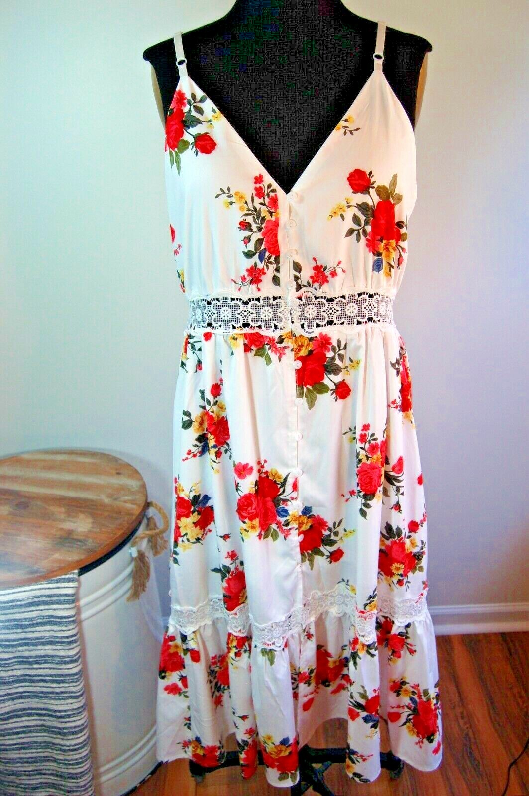 Women's Floral Sundress Sz XL Button Front w/ Lace Insert Sexy BRAND NEW-image