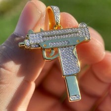 Uzi Pendant 14K Gold Plated 925 Silver Two Tone Gun Iced Flooded Out CZ Charm