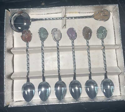 STILO DEMITASSE Spoon Set Twisted Silver Gemstones Lot of 7 BRAZIL Estilo
