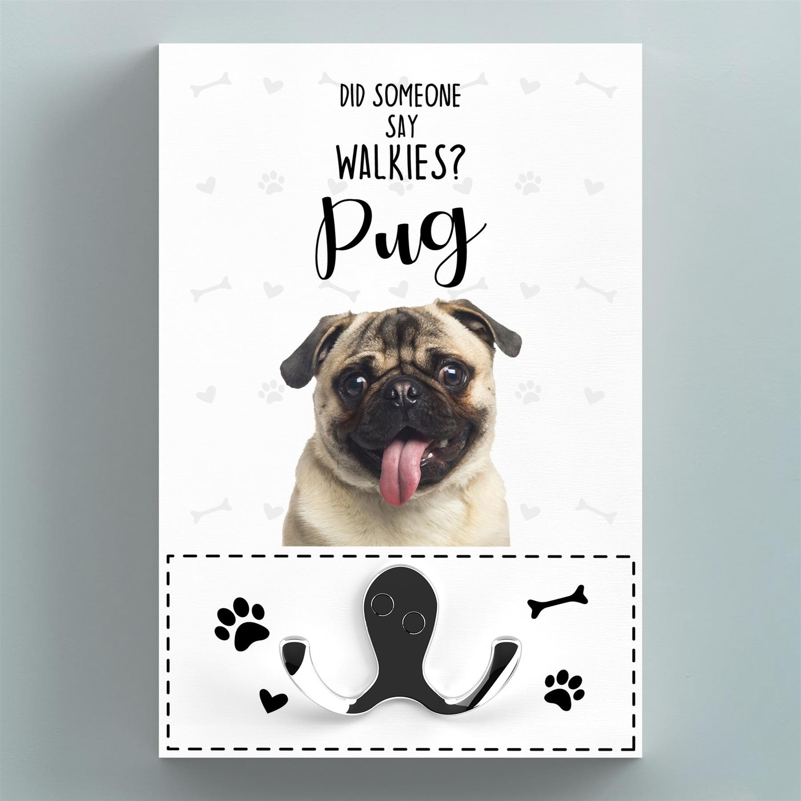 Walkies Pug Themed Wall Hung Lead Hook Dog Breed Lead Holder Wall Hook