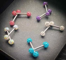 PAIR Epoxy Coated Crystal Paved Balls Nipple Rings Tongue Barbells Int. Threaded