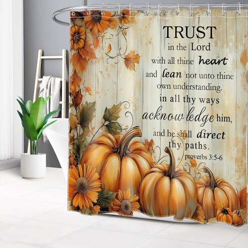 Vintage Bible Verse Harvest Pumpkin Fall Shower Curtain Bathroom Accessories Set - Picture 20 of 25