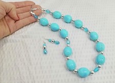 Silvertone and Aqua Glass Crystal and Acrylic Bead Choker Necklace  Earring Set