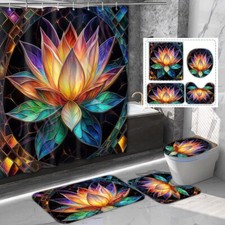 Colorful Lotus Shower Curtain Soft Bathroom Rug Bath Mat Toilet Lid Cover Decor