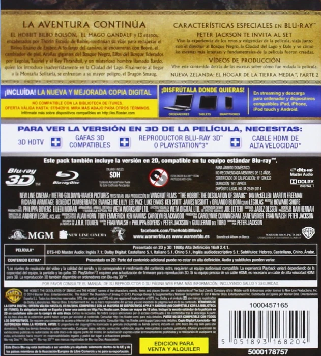 El Hobbit: La Desolación de Smaug (Usado) 3 Discos BR 3D+ BR+EXTRAS Reg. B - B