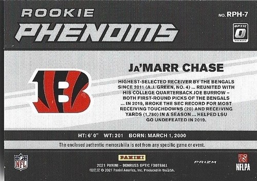 2021 DONRUSS OPTIC ROOKIE PHENOMS BLUE HYPER JA'MARR CHASE #RPH-7 RC - Picture 2 of 2