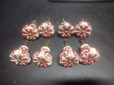 Red Floral Drawer Pulls Knobs 8 piece Ceramic brass hardware no damage