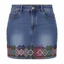 DESIGUAL Lausana Women Skirt W26 Denim Faded Embroidered Zip Fly Mini
