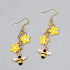Bee Flower Enamel Charms Pierced Earrings  Gold tone Dangle 1.75"