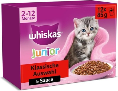 Whiskas Junior Katzennassfutter Klassische Auswahl in Sauce, 48 Portionsbeutel