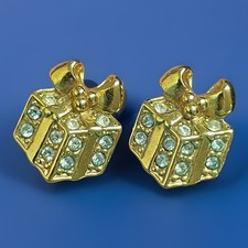Vtg Avon Christmas Present Gift Box Pierced Stud Earrings Gold-Tone Rhinestone