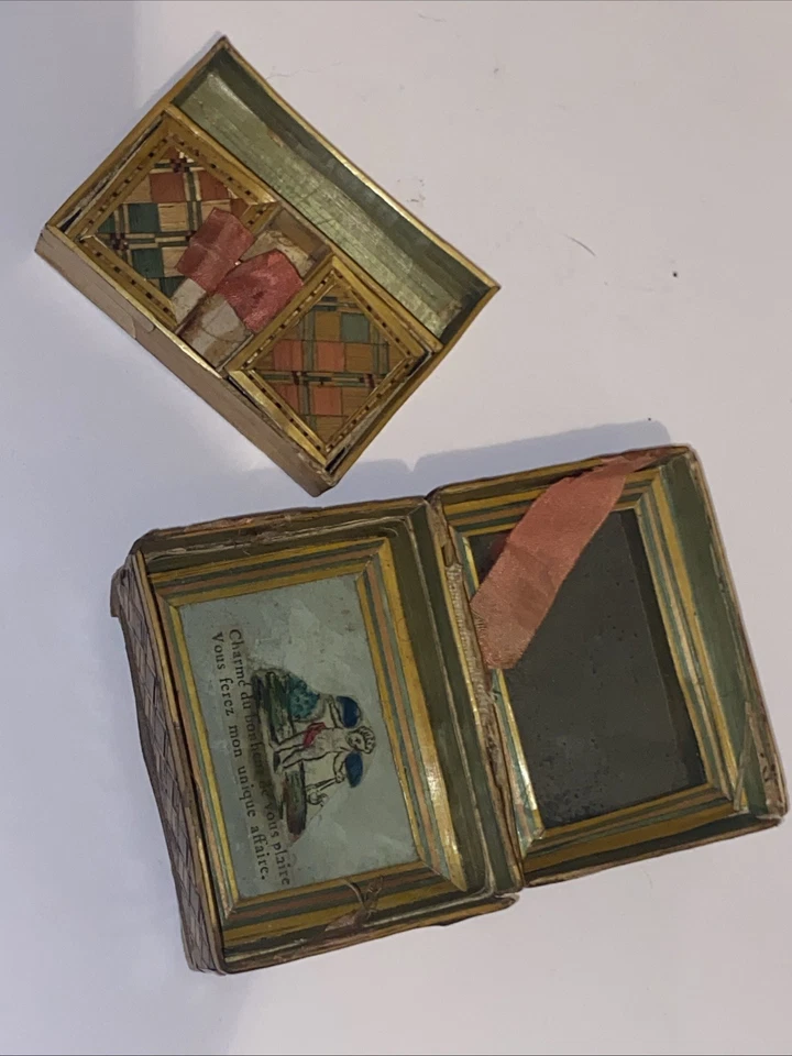 BOITE ANCIENNE en MARQUETERIE DE PAILLE miroir peinture intérieure - Photo 3/4