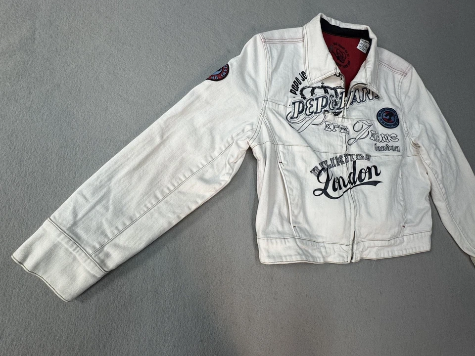 Chaqueta Pepe Jeans Para Hombre 2XL Blanca Denim Cremallera Frontal Gráfico Londres Parche Logo Foto 3 de 4
