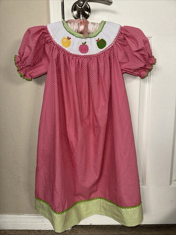 STELLY BELLY LITTLE GIRLS SZ 5 SMOCKED Polka Dot Pink W/ Green Ric-rac DRESS EUC