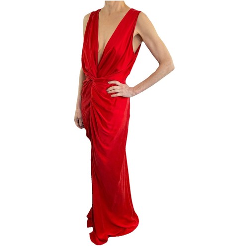 One Fell Swoop Size 12 Aus (8 US) Red Satin Gaia Twist Front Maxi Dress Designer - Picture 7 of 24