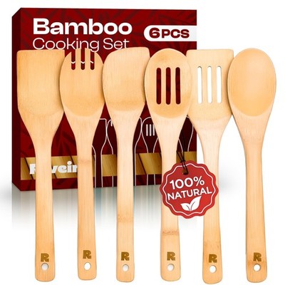 Riveira Bamboo Cooking Spoons 6 Piece Wooden Cooking Utensils Set with Wooden