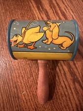Vintage (T. CONN) Made in USA CLOWNS w/ PARTY DOG & DUCK Tin RATTLE NOISE MAKER