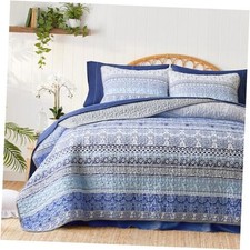 3 Pieces Colorful Bohemian Quilt Set Full Queen Size, Blue n Grey Boho Striped