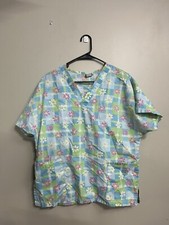 Springtime Plaid Floral Barco Short Sleeve Scrub Top Size Medium Made In USA