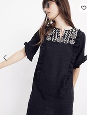 NWT $118 MADEWELL Cassia Black Dress Embroidered Ruffle Cotton #K6460 Sz XS New
