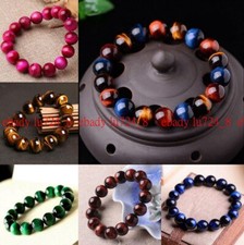 6/8/10/12/14mm Multicolor Tigers Eye Gemstone Round Beads Elastic Bracelet 7.5"