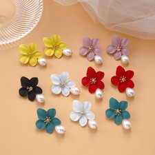Fashion Women Boho Flower Pearl Statement Alloy Drop Dangle Ear Stud Earrings