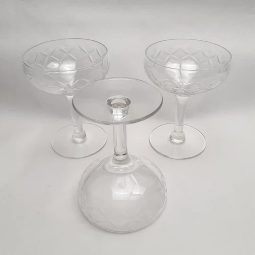 (3) Crystal Champagne Coupes Etched Criss Cross & Dots 4-3/4" Tall 3-1/2" Diamet