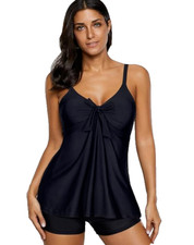 NEW Tankini Solid Black Tie Front Swimsuit Set Women's M
