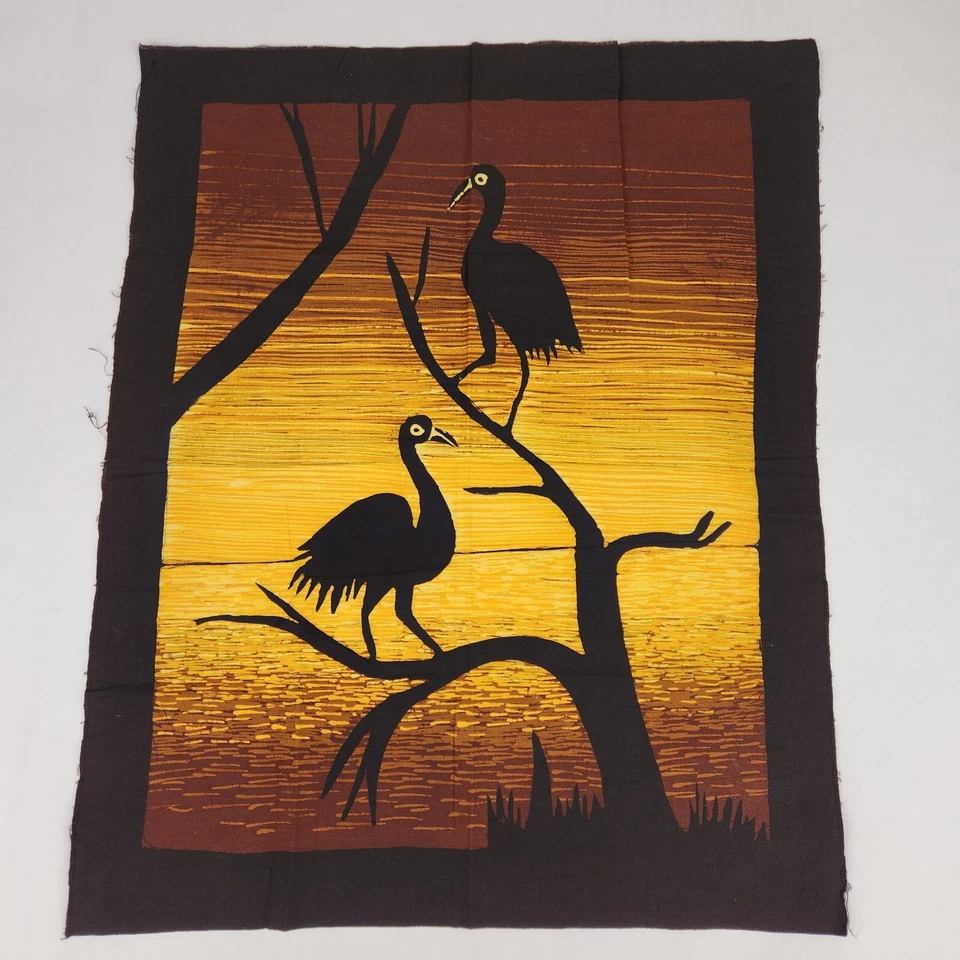 Vintage Batik Bird Fabric Panel 1980s Cotton 14x17.5 inch Black Birds Sunset - Image 2 of 4