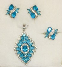 Beautiful Swiss Blue Topaz  CZ Sterling Silver 925 Jewelry Set Ring  8