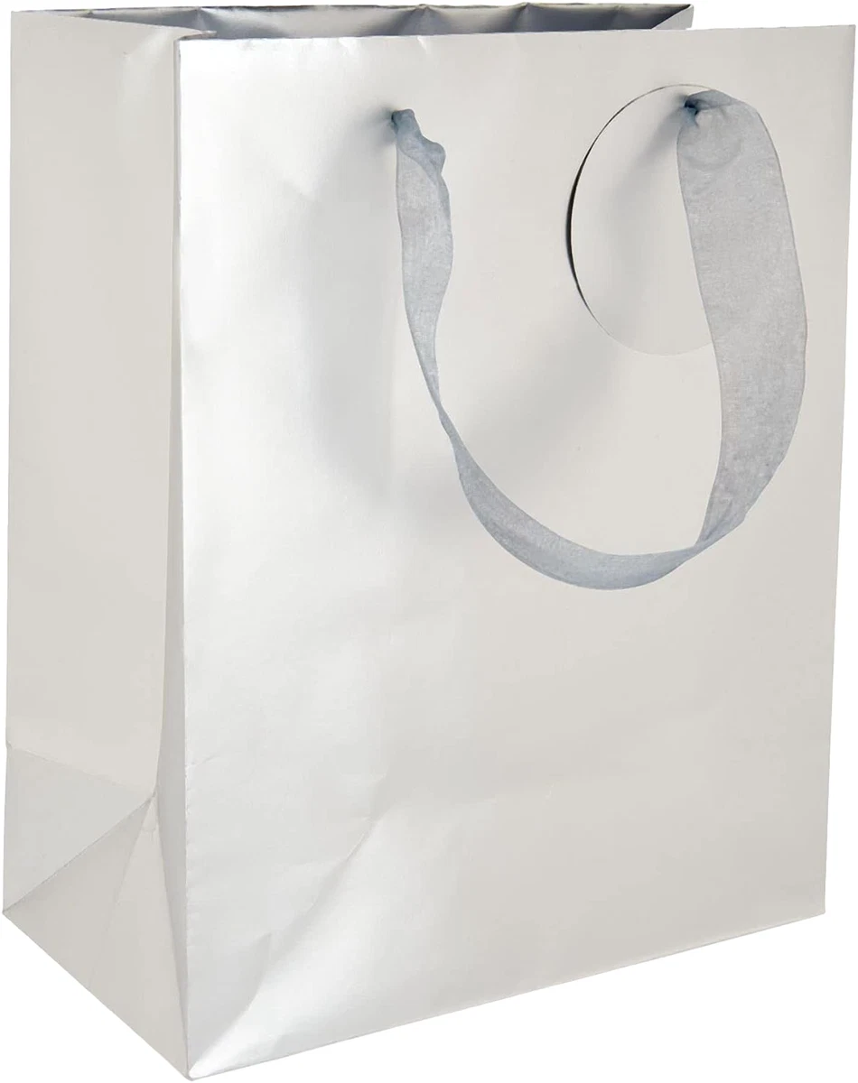 4) NEW Silver Chrome Paper Gift Bags W/ TISSUE PAPER & Tags Handles  10x8.5x4.5