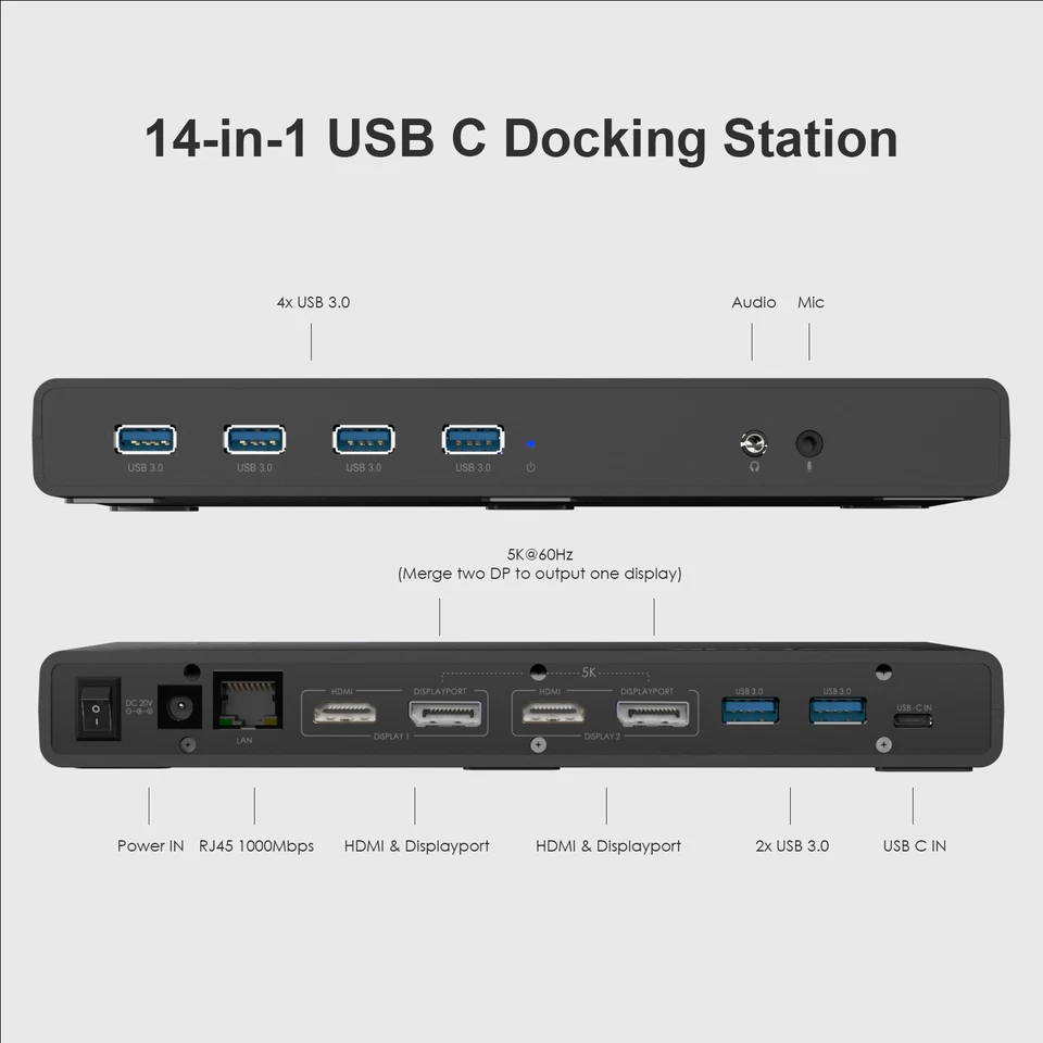 Estação de acoplamento WAVLINK DisplayLink USB-C 5K dupla porta Ethernet monitor 4K@60Hz - Imagem 2 de 4