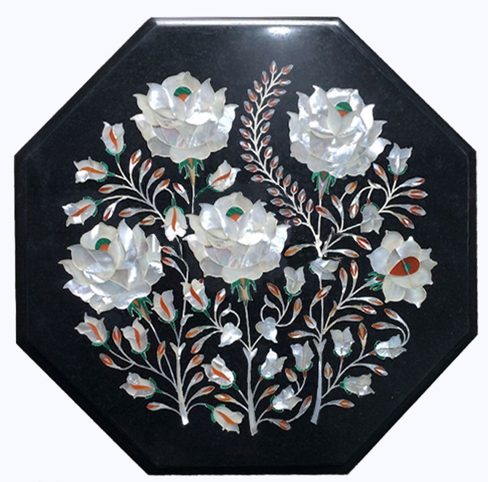 12-inch Black Marble Table Top with Semi-Precious Stone Inlay Art