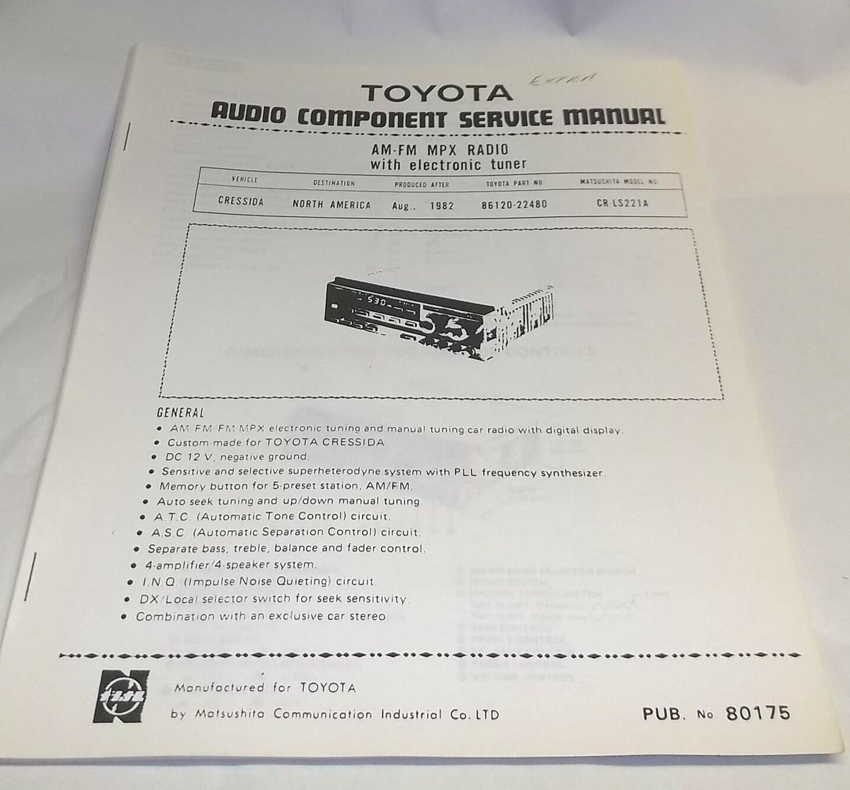 Matsushita Toyota CRESSIDA Digital AM-FM MPX Radio 86120