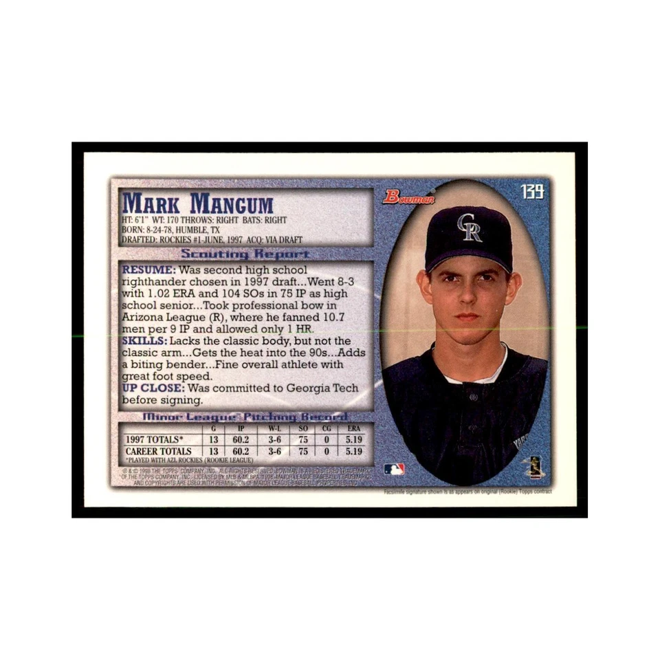 1998 Bowman Mark Mangum Baseball Cards #139 - Image 2 of 3