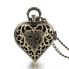 Vintage Hollow Flower Pattern Hollow Heart Pocket Quartz Necklace Watch Pendant