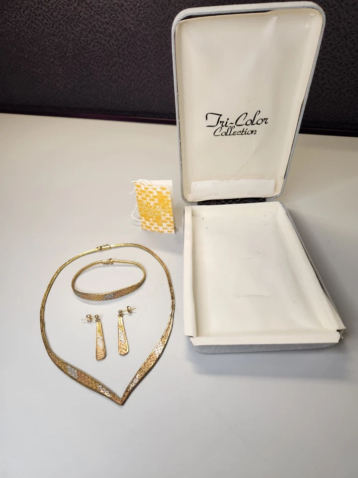 Tri-Color Collection Necklace Bracelet Earrings Set W/tag & Box .925 14k Italy - Image 2 of 4