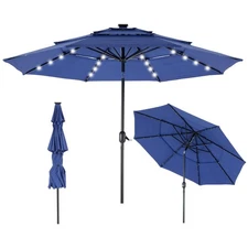 9.2 ft Solar Patio Umbrella, 3-Tier with 32 LED Lights & Tilt/Crank Blue