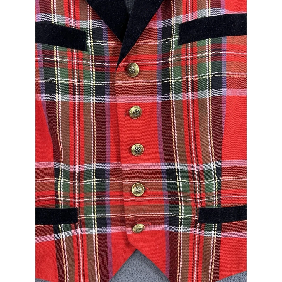 Chaleco Vintage Años 80 Rojo Negro Tartán Cuadros Terciopelo Solapa Gótico Punk Mujeres Talla Grande Foto 3 de 4