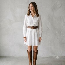 Sim & Sam Shirt Dress Womens White Cotton Dobby Tiered Elastic Waist Medium