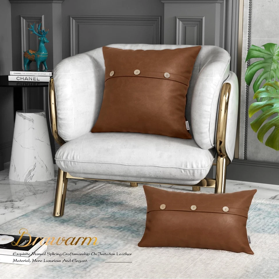 Leather Throw Pillow Covers 20 X 20 Inches, Brown Faux Leather Pillow Cover w... - Image 3 of 4