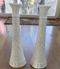 2 Vintage Anchor Hocking Stars and Bars Basic White Milk Glass Bud Vase Large.