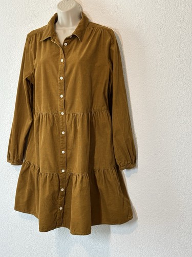 J Crew Corduroy Collared Tiered Shirtdress Brown Preppy Sz 12 Boho Cottagecore - Picture 2 of 10