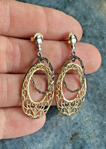 14K WHITE & YELLOW GOLD FILIGREE ENTWINED OVAL DANGLE DROP EARRINGS