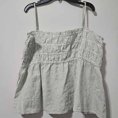 American Eagle Sage Green White Striped Smocked Seersucker Cami Top Womens XL